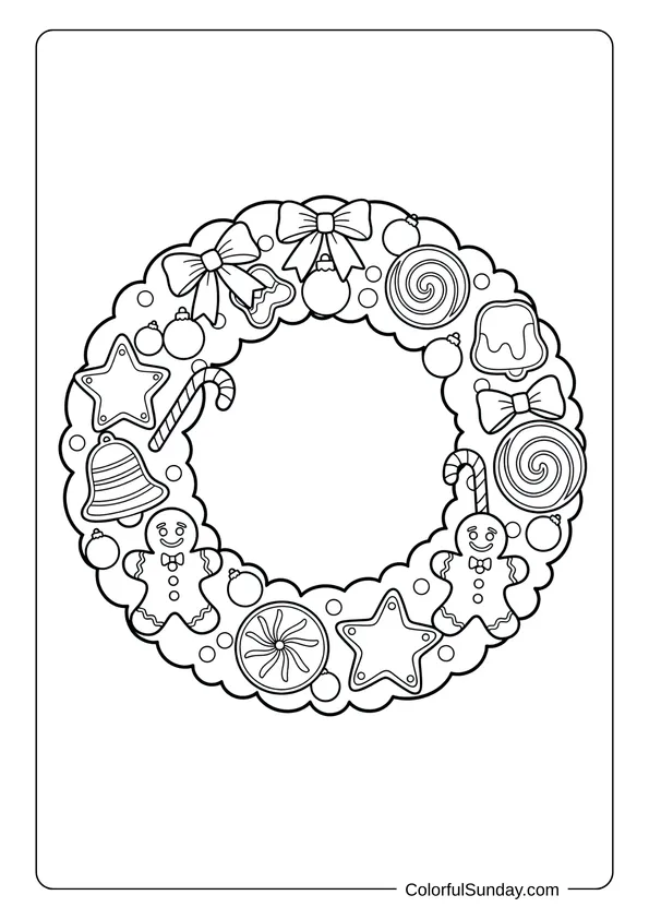 A coloring page of a Christmas wreath with cookie decorations and gingerbread shapes.