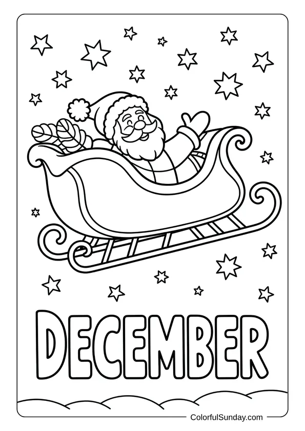 Santa Claus flying in his sleigh among stars in a festive December coloring page.