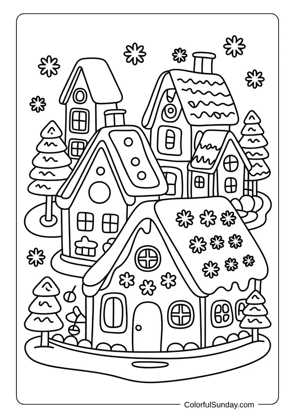 A cozy village of gingerbread houses creates a festive scene perfect for a coloring page.