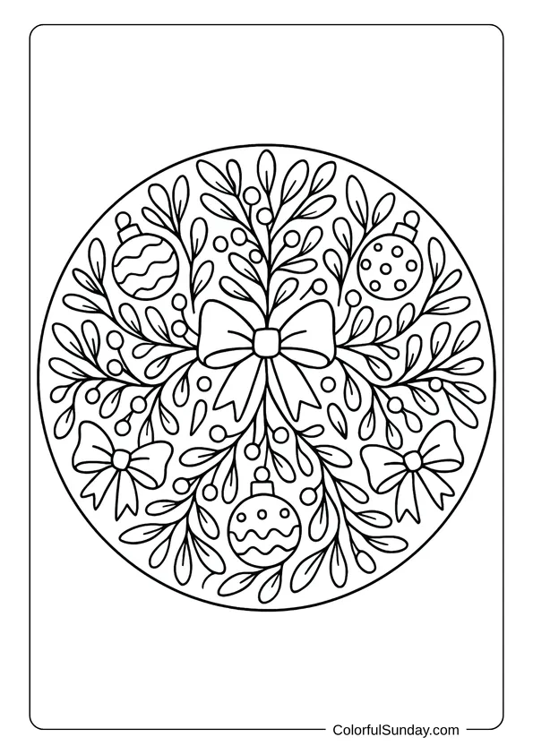 A coloring page of a Christmas mandala with mistletoe and ornaments.