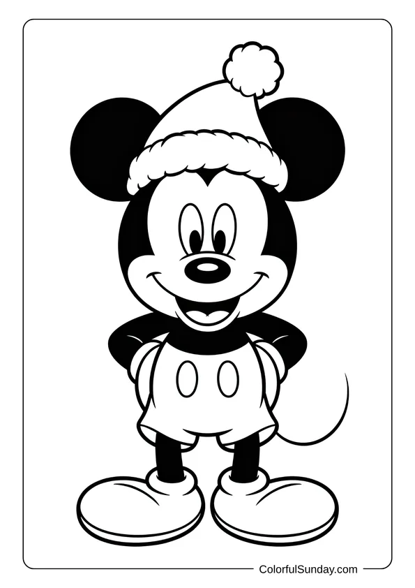 Coloring page of Mickey Mouse wearing a Christmas hat and smiling with his hands on his hips.