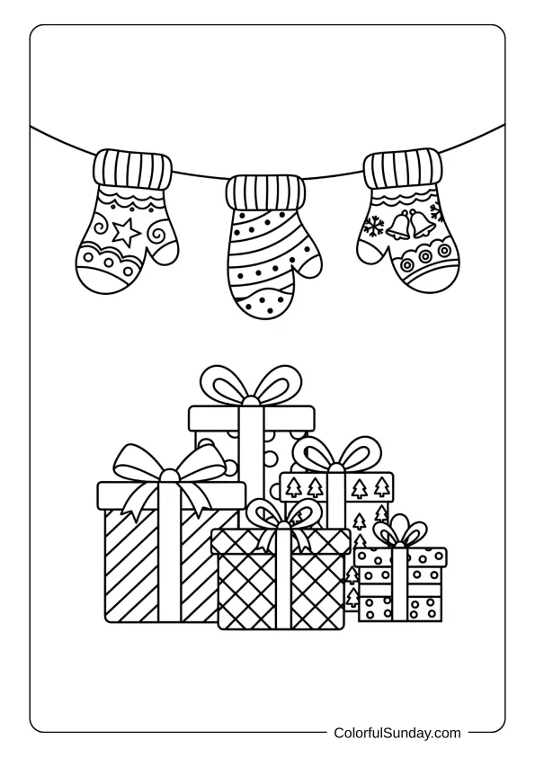 Mittens coloring page featuring mittens with ornaments hanging above wrapped presents.