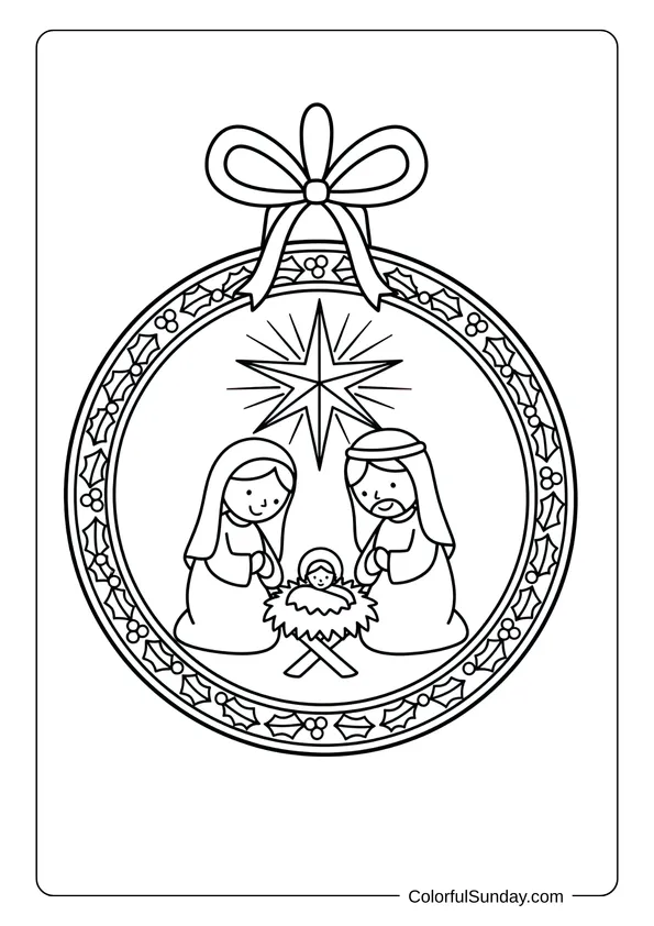 A nativity coloring picture of the holy family inside a Christmas ornament bauble.