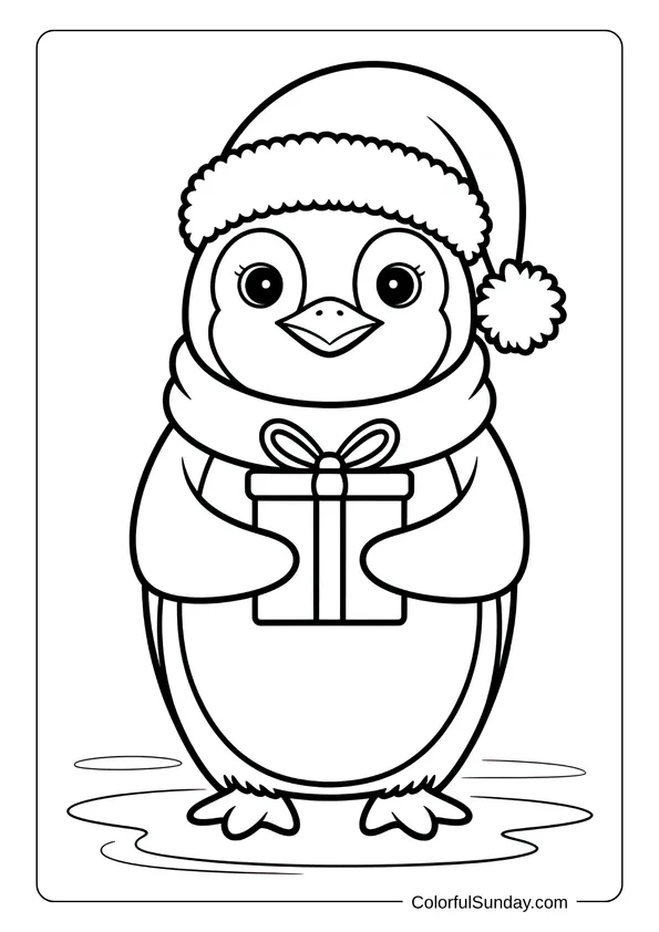 Cute penguin with a Santa hat and scarf holding a present on an icy ground, perfect for a Christmas coloring page.