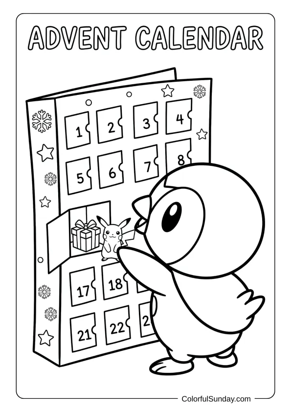 Piplup opening an advent calendar filled with surprises and tiny Christmas Pokémon behind doors in this coloring page.