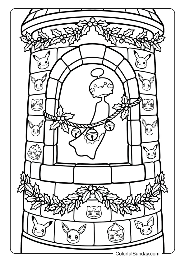 Chimecho ringing festive bells in a tower decorated with Christmas Pokémon and holly in this coloring page.