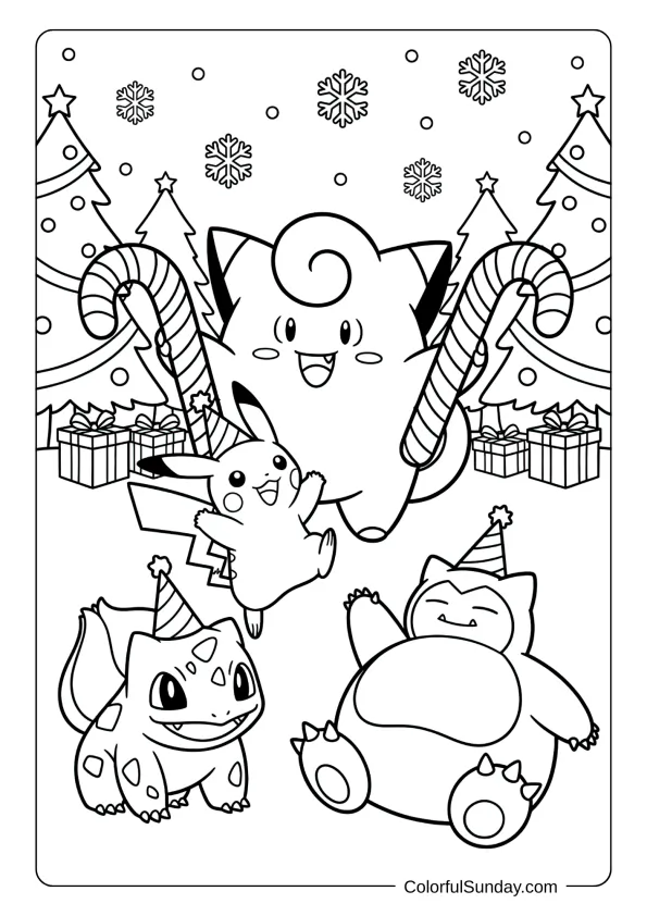 Clefairy holding giant candy canes while dancing with Christmas Pokémon in festive celebration coloring page.