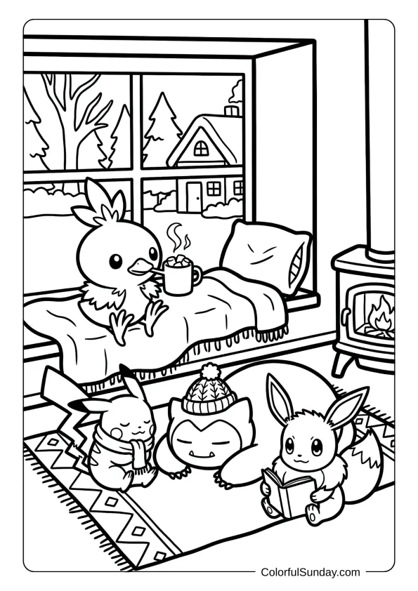Torchic sipping hot cocoa with marshmallows alongside cozy Christmas Pokémon by the window coloring page.