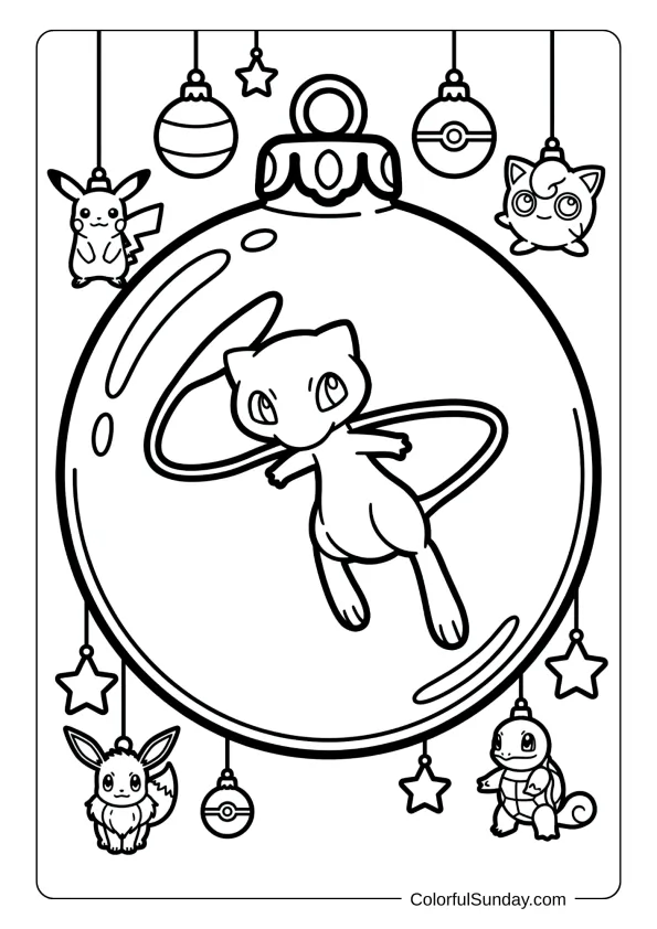 Mew floating inside a giant ornament surrounded by smaller Christmas Pokémon decorations hanging coloring page.