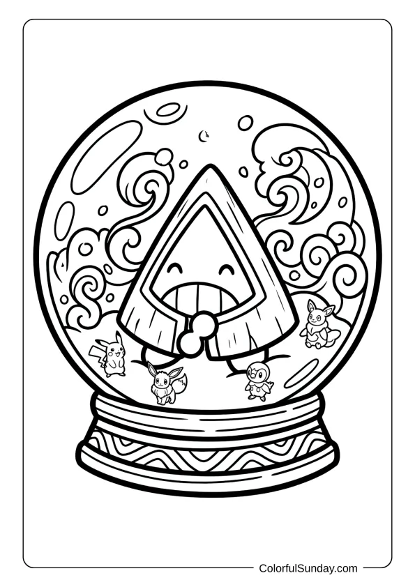 Snorunt sitting inside a magical snow globe with tiny Christmas Pokémon and swirling snowflakes coloring page.