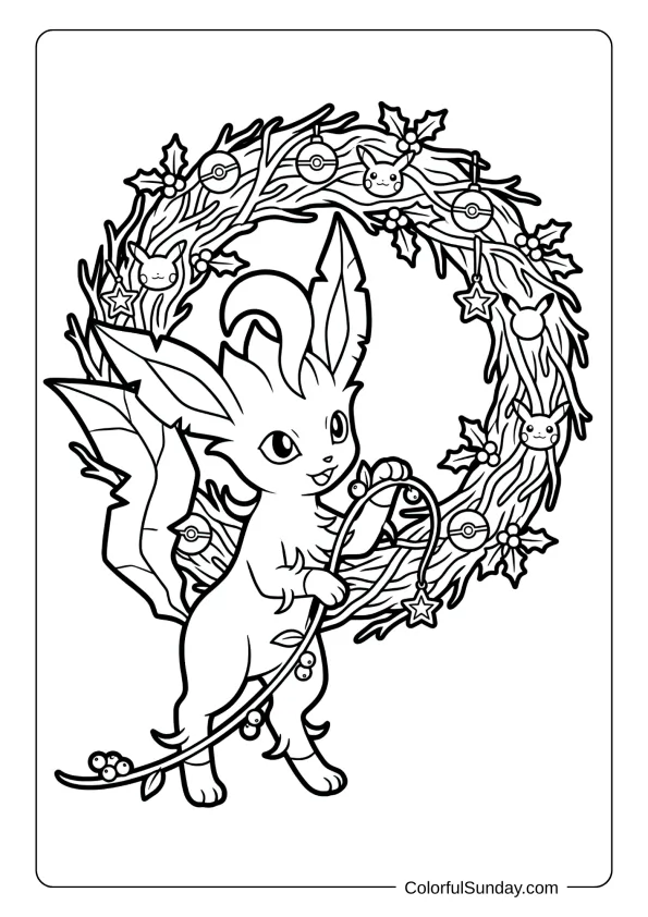 A coloring page of Leafeon creating a beautiful holiday wreath decorated with berries and Christmas Pokémon ornaments.