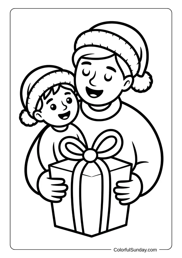 A parent and child smile while holding a Christmas present together in a joyful coloring page scene.