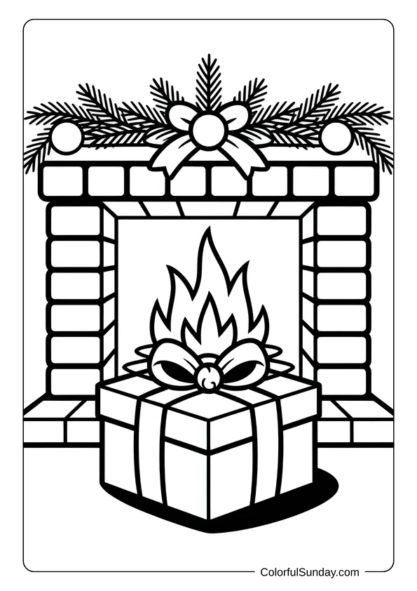 A Christmas present sits in front of a decorated fireplace, making a warm and festive coloring page.