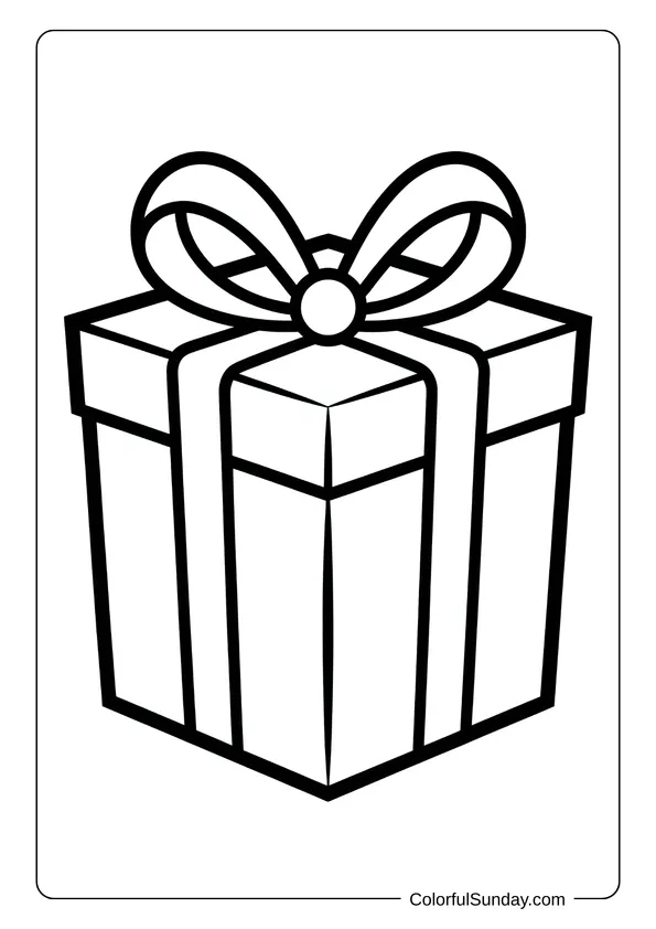A beautifully wrapped Christmas present with a large bow sits ready for kids to enjoy in this coloring page.