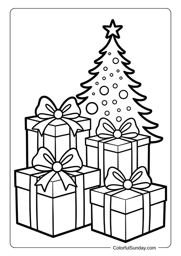 Stacked Christmas presents wrapped with big bows next to a festive tree, in a gift-themed coloring page.