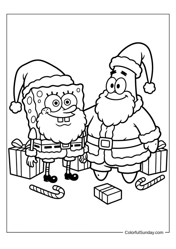 SpongeBob and Patrick dressed as Santa for Christmas in a holiday coloring page