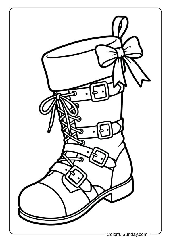 A traditional boot-shaped Christmas stocking coloring page with laces, buckles, and festive ribbon bows