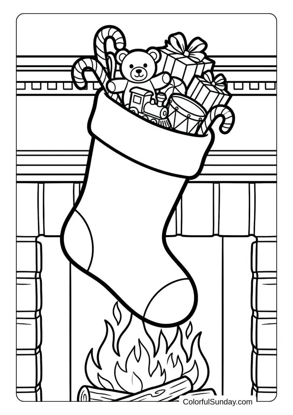 A coloring page featuring a festive Christmas stocking hanging from a mantle filled with candy canes and toys