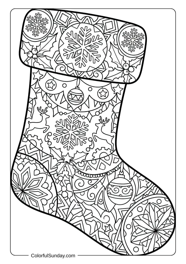 An intricate mandala coloring page shaped like a Christmas stocking with detailed holiday patterns