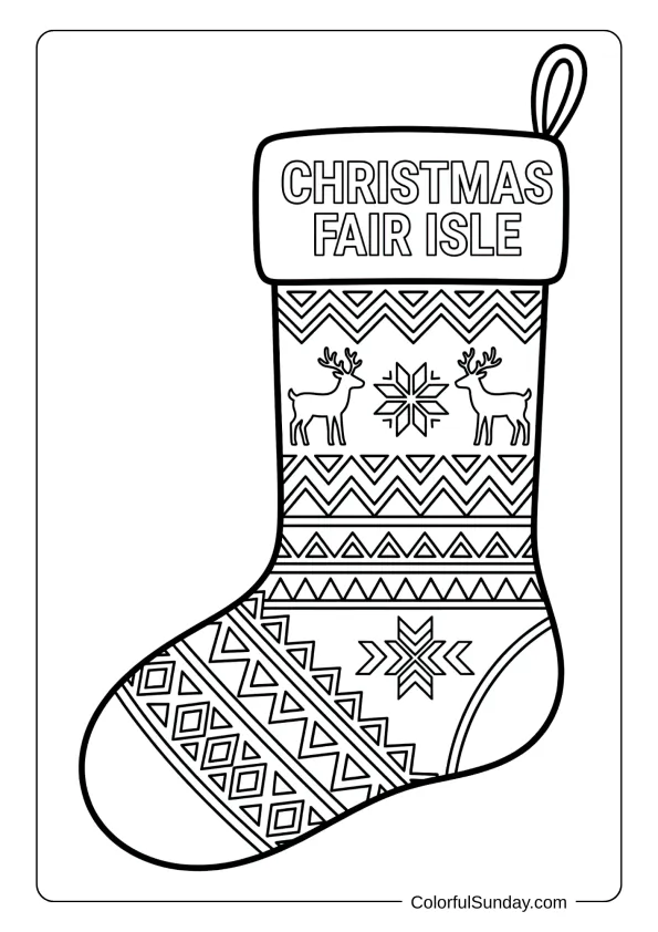 A Christmas stocking coloring page featuring traditional Fair Isle knit patterns and geometric designs