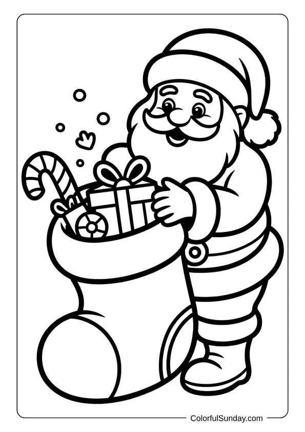Santa Claus filling a large Christmas stocking with gifts and candy canes in a festive coloring page.