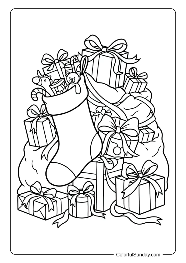 A Christmas stocking coloring page propped against a pile of wrapped gifts with ribbons everywhere