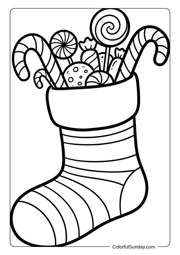 A striped Christmas stocking coloring page overflowing with peppermint candy canes and sweet holiday treats