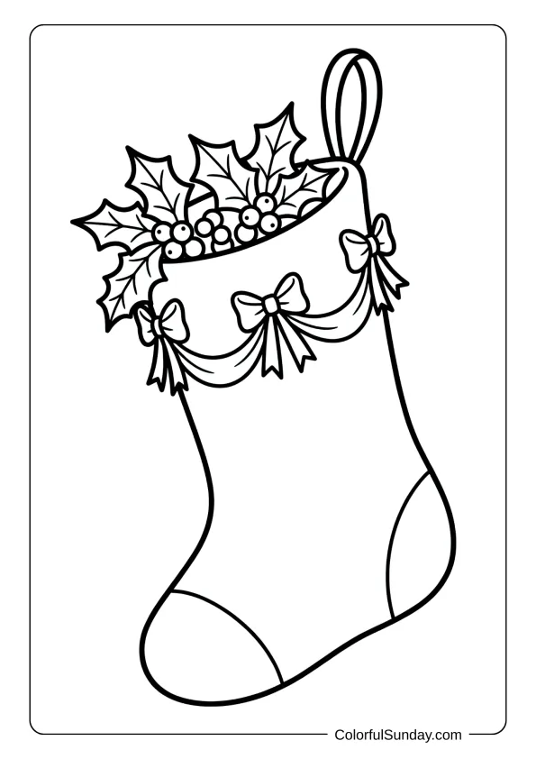 An elegant Christmas stocking coloring page adorned with holly leaves, berries, and festive garland swags