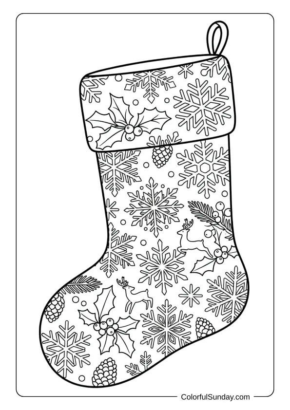 A delicate Christmas stocking coloring page decorated with intricate snowflake patterns and winter elements
