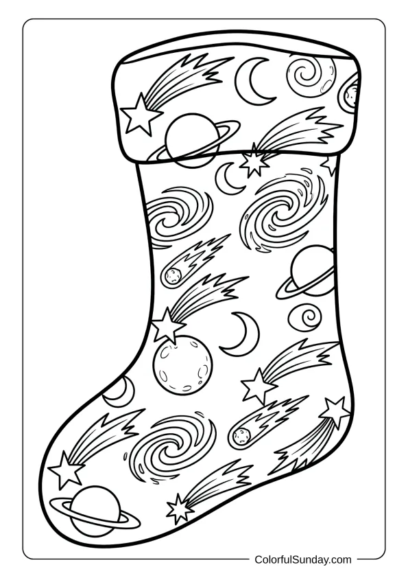 A Christmas stocking coloring page decorated with shooting stars, moons, and celestial night sky elements