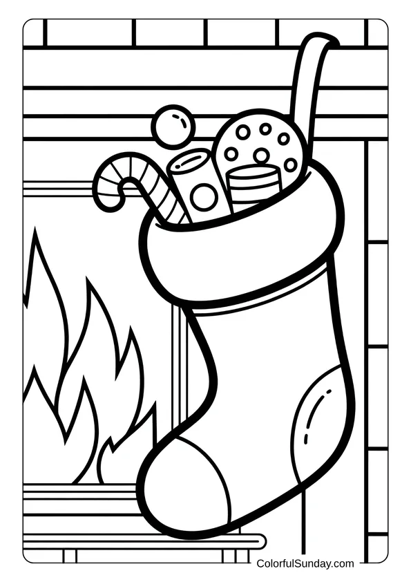 A Christmas stocking filled with candy, cookies, and small gifts hanging near the fireplace, in a cozy holiday coloring page.
