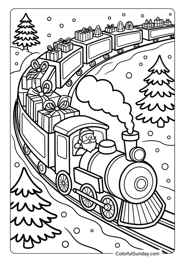Christmas train carrying Santa Claus and many gifts through snowy hills, shown in a winter coloring page.
