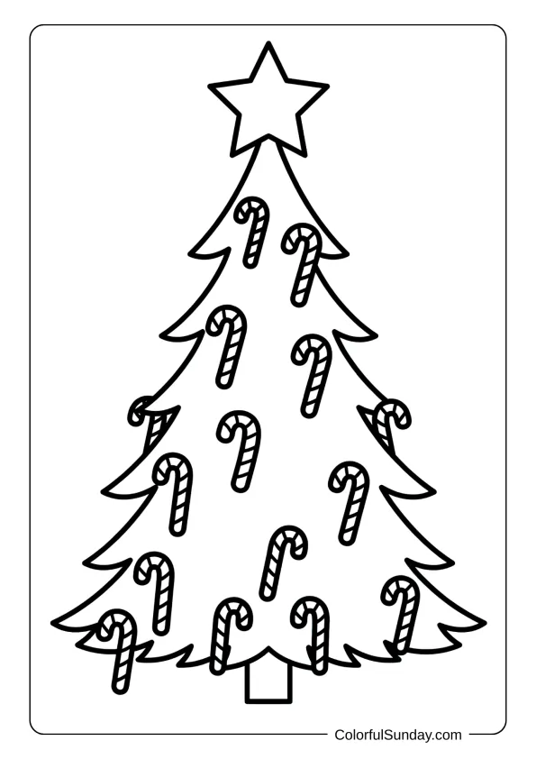 A tall Christmas tree decorated with candy canes, ornaments and a shining star coloring page.