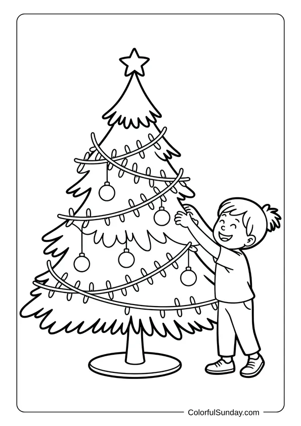 A child joyfully decorating a Christmas tree with ornaments and lights, drawn as a holiday coloring page.