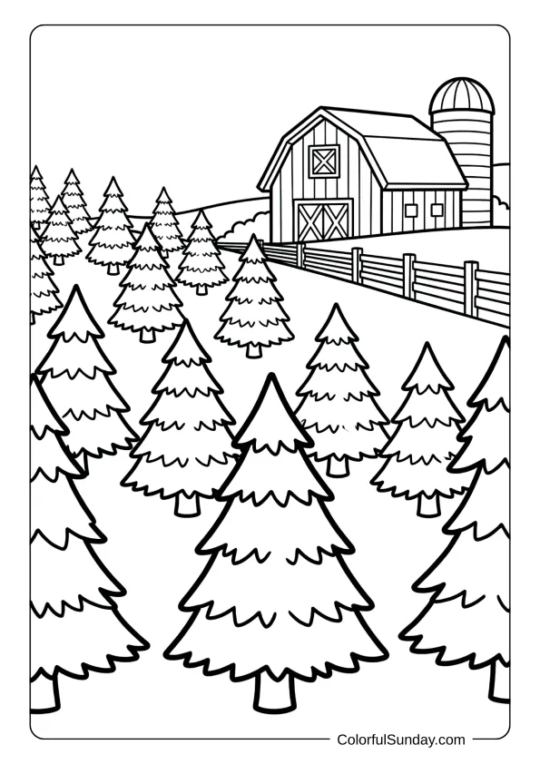 Rows of Christmas trees growing on a farm with a barn and fence coloring page