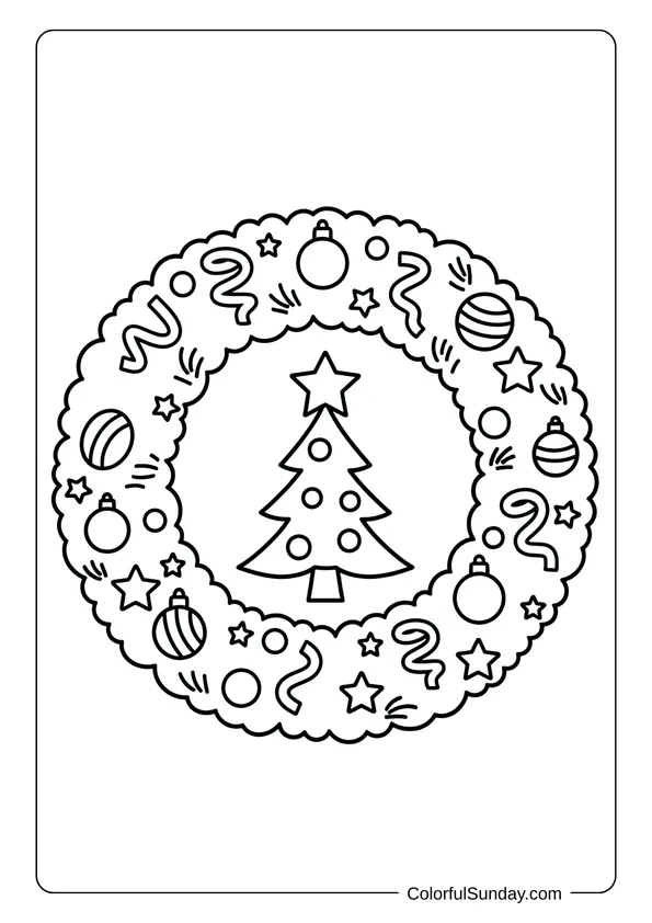 A coloring page featuring a Christmas wreath with a Christmas tree decoration inside.