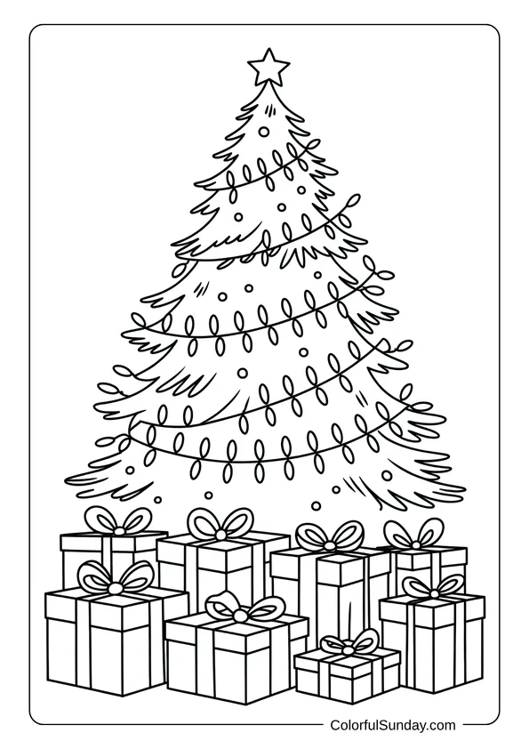 A decorated Christmas tree surrounded by many presents with ribbons, featured in a festive coloring page.