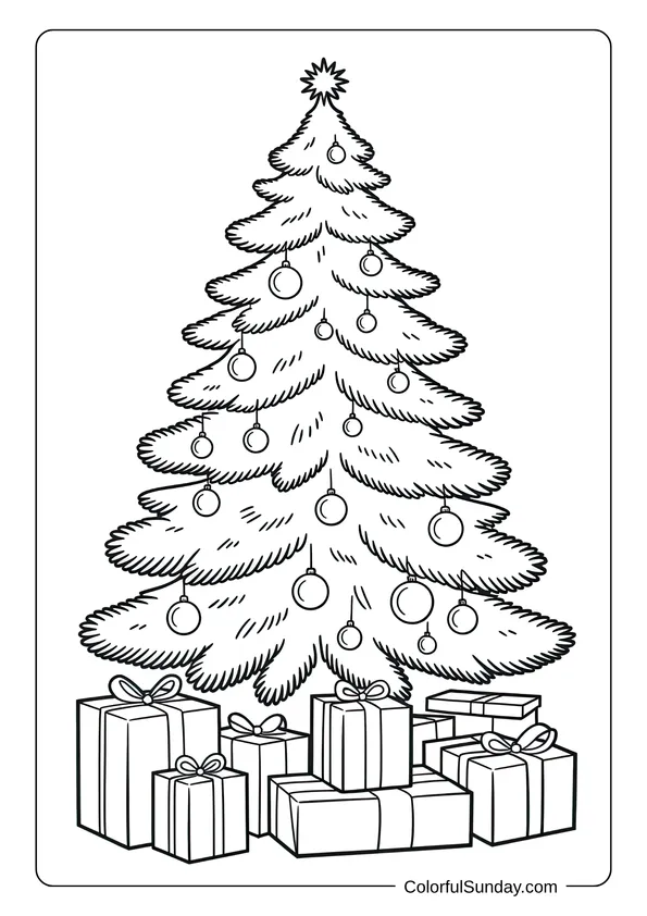 A Christmas tree with ornaments and many presents underneath, designed as a festive coloring page.