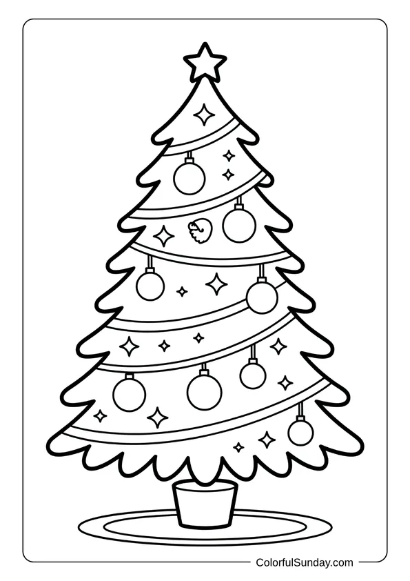 A beautifully decorated Christmas tree with ornaments and a star on top, illustrated in a coloring page.