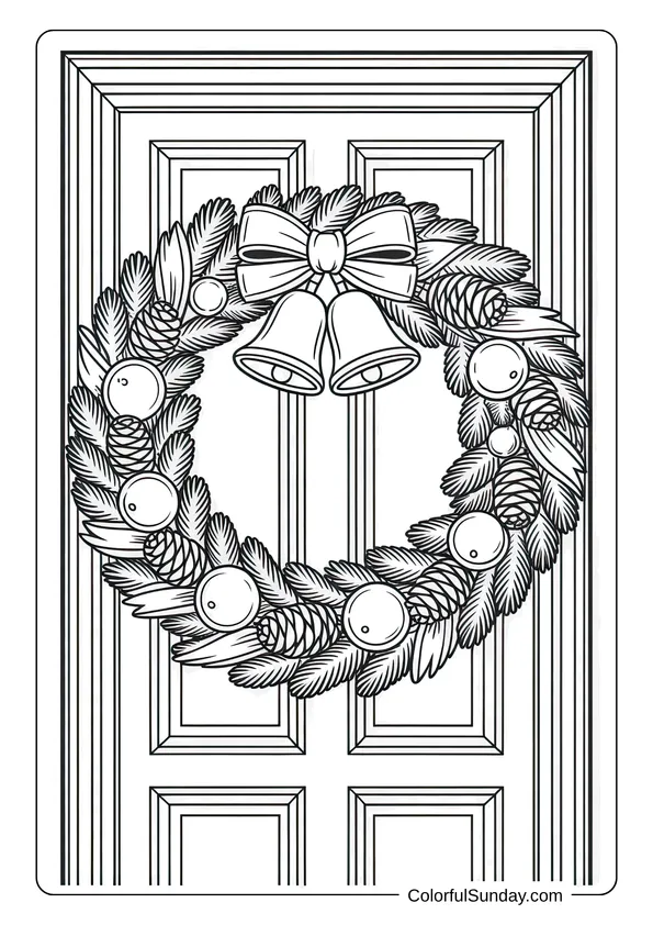 A wreath decorated with bells, pinecones, and ornaments hanging on a door, illustrated as a detailed Christmas coloring page.