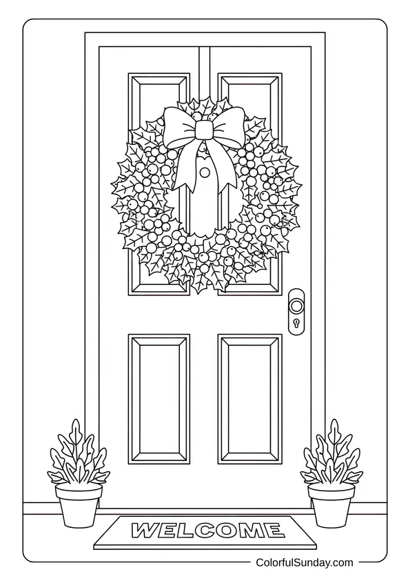 A coloring page featuring a Christmas wreath hanging on a front door decoration.