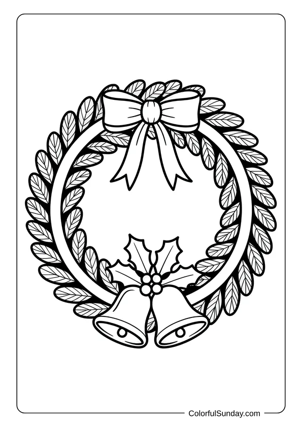 A wreath with a big bow and two bells decorated with holly leaves, shown in a traditional Christmas coloring page.