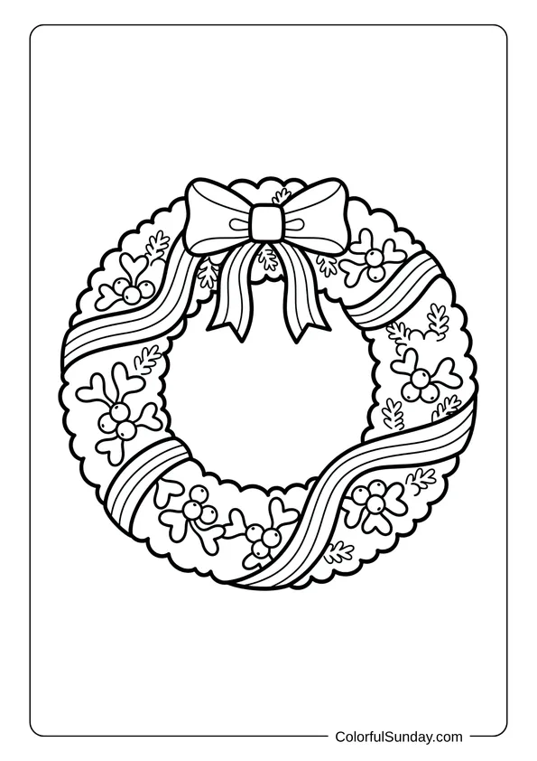A coloring page of a Christmas wreath with mistletoe and pine.
