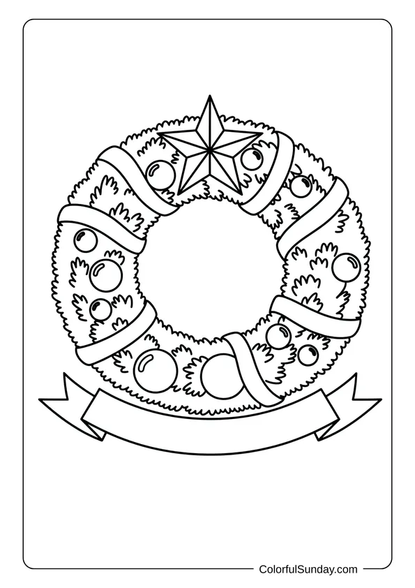 A Christmas wreath coloring page with a star on top for holiday fun.
