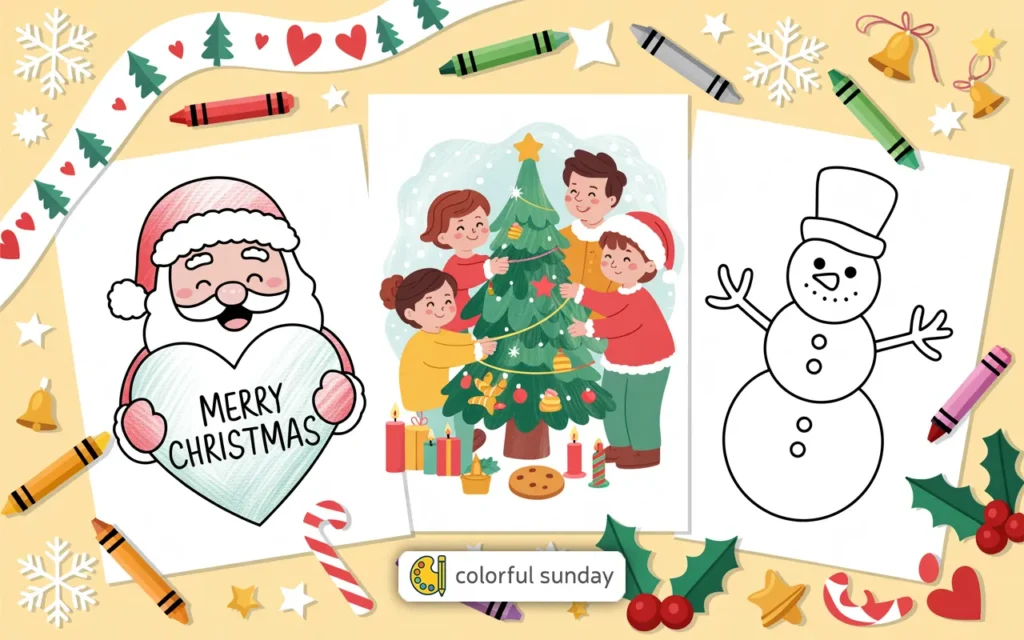 three Christmas coloring pages on a cute cream background with crayons and festive symbols