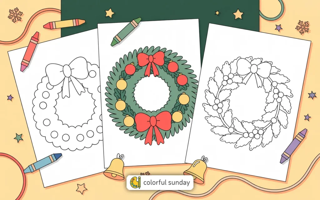 three coloring pages of Christmas wreaths