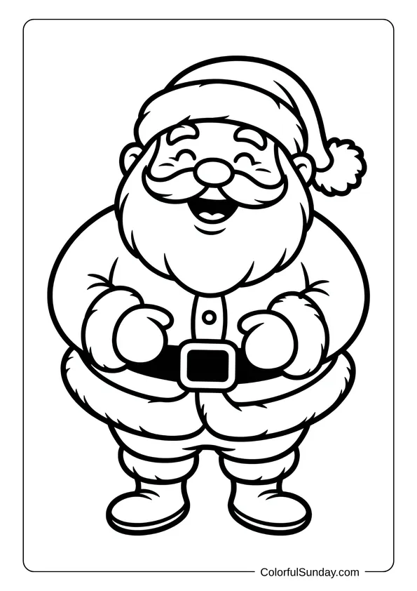Chubby Santa Claus laughing joyfully, illustrated in a simple and fun holiday coloring page.
