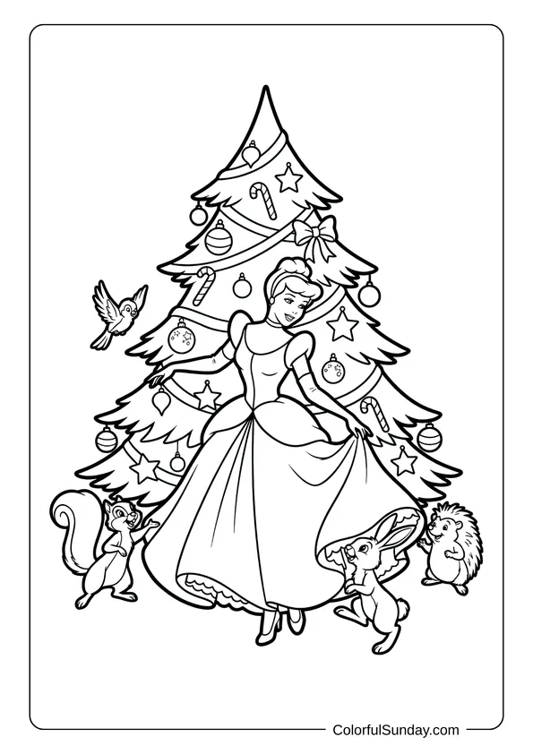 Cinderella dancing with woodland creatures around a decorated tree in this Disney Christmas coloring page.