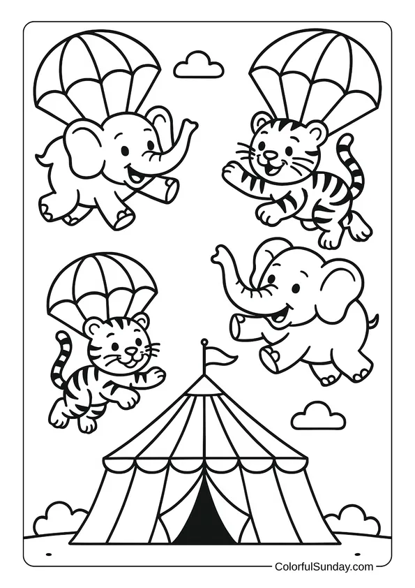 Two elephants and two tigers parachute down to a circus tent in this circus-themed coloring page.