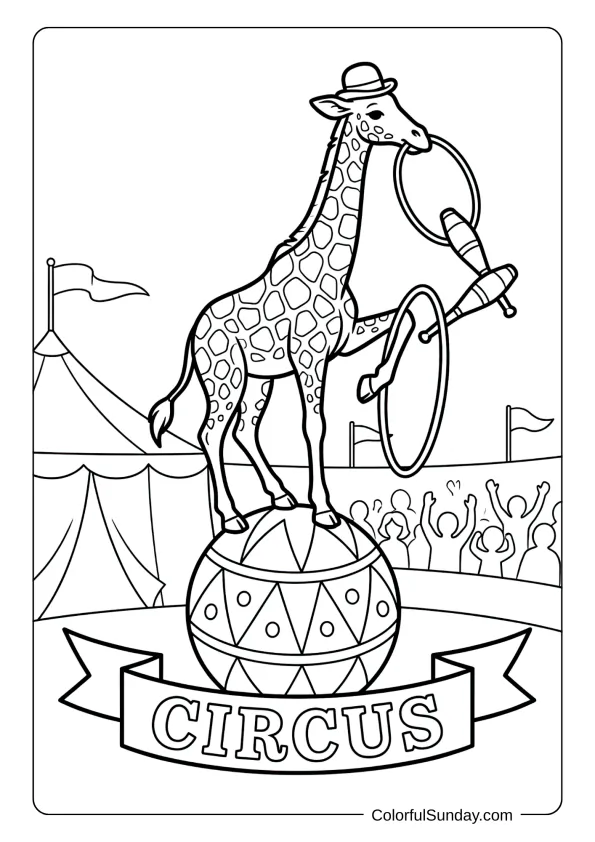 A talented circus giraffe coloring page performing amazing tricks balancing on ball at the big circus.